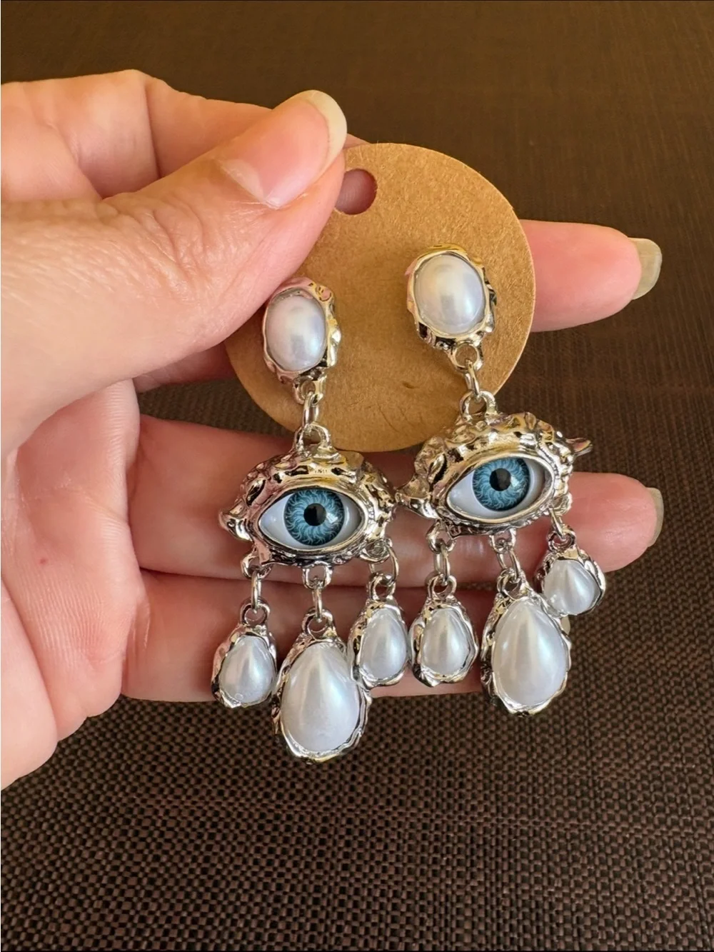 New! Silver Drop Baroque Style Pearls with Blue Evil Eye Chandelier Earrings